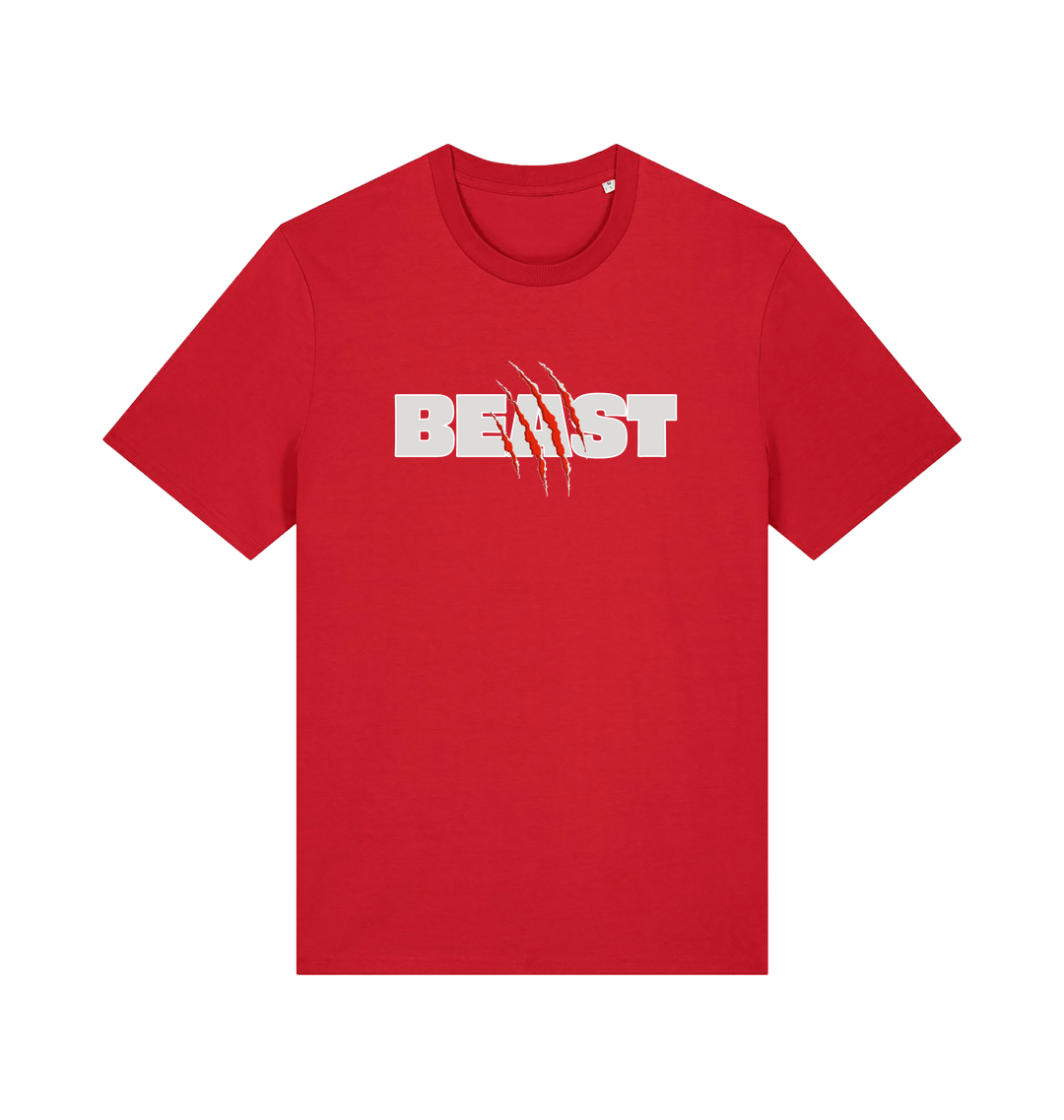 red matching t-shirt with the text beast