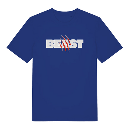blue matching t-shirt with the slogan 'beast'