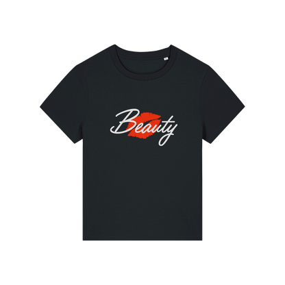 Black matching t-shirt with 'Beauty' and red lips design 