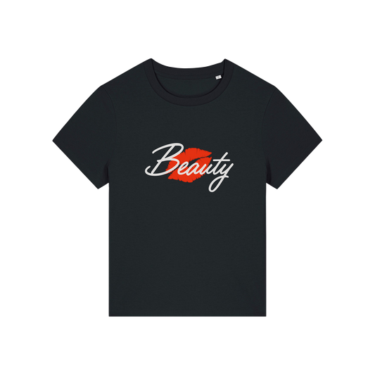Black matching t-shirt with 'Beauty' and red lips design 