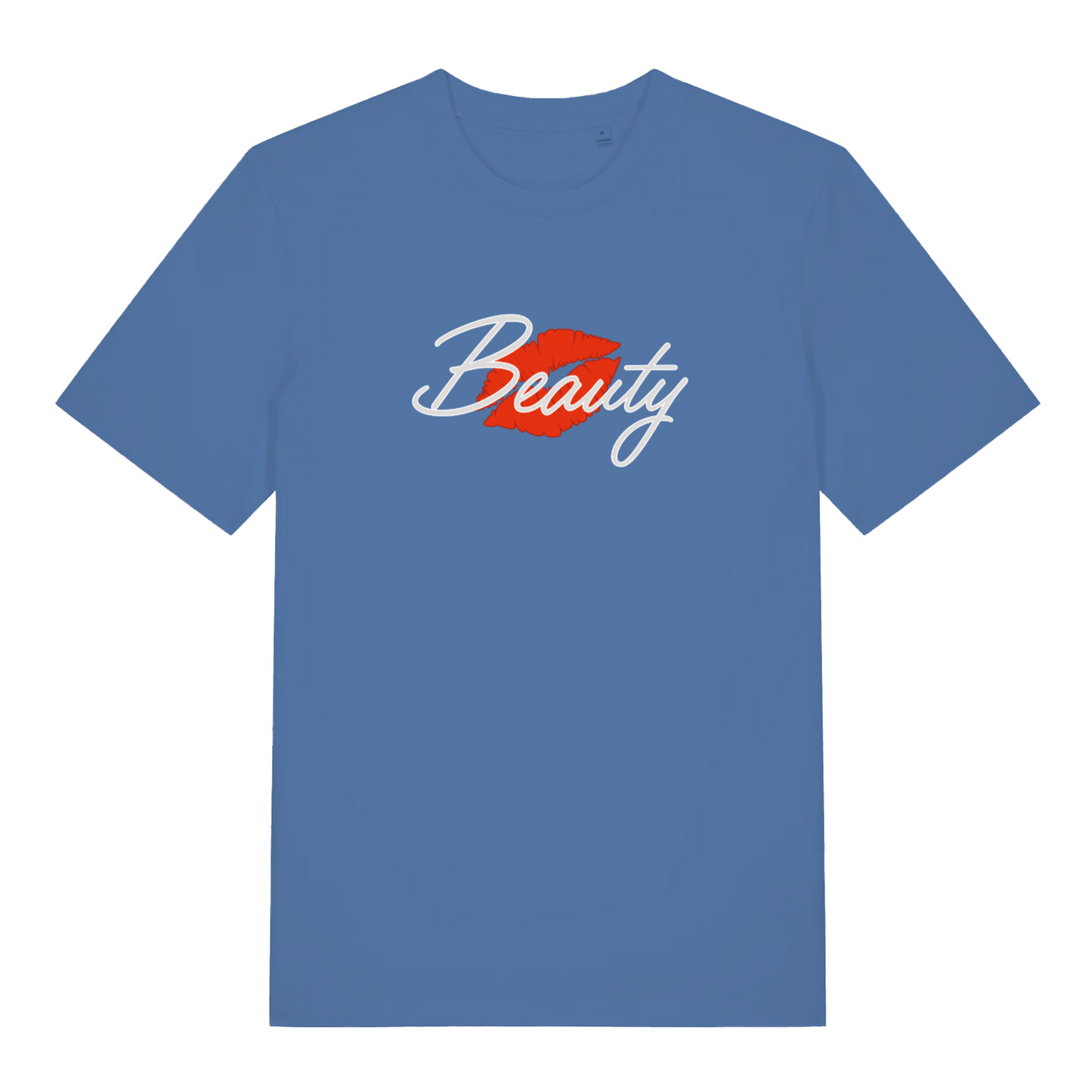 blue matching t-shirt with the graphic of red lips and the word 'beauty'