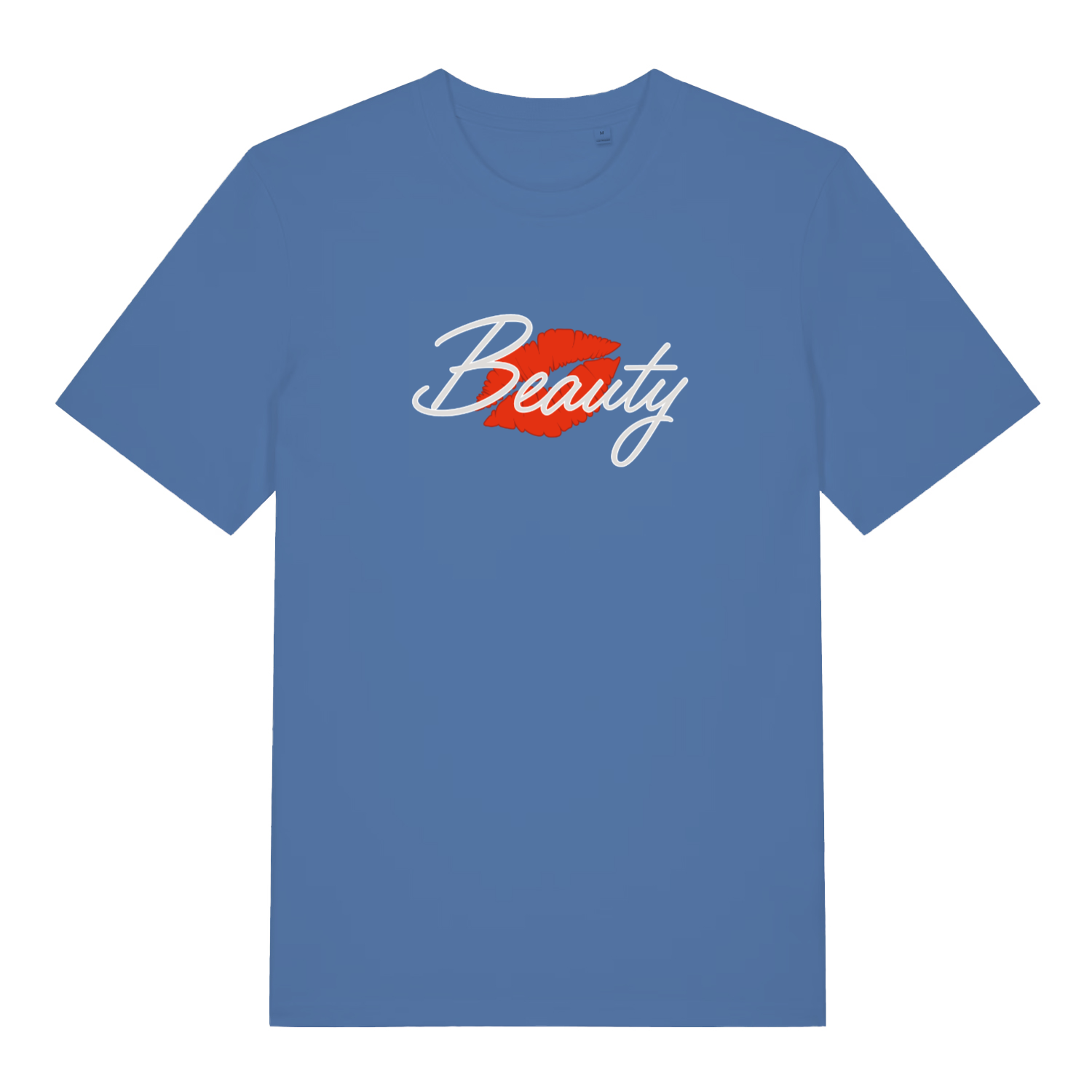 blue matching t-shirt with the graphic of red lips and the word 'beauty'