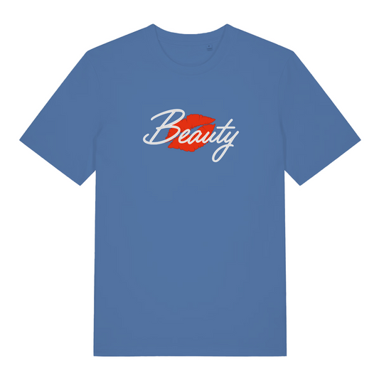 blue matching t-shirt with the graphic of red lips and the word 'beauty'