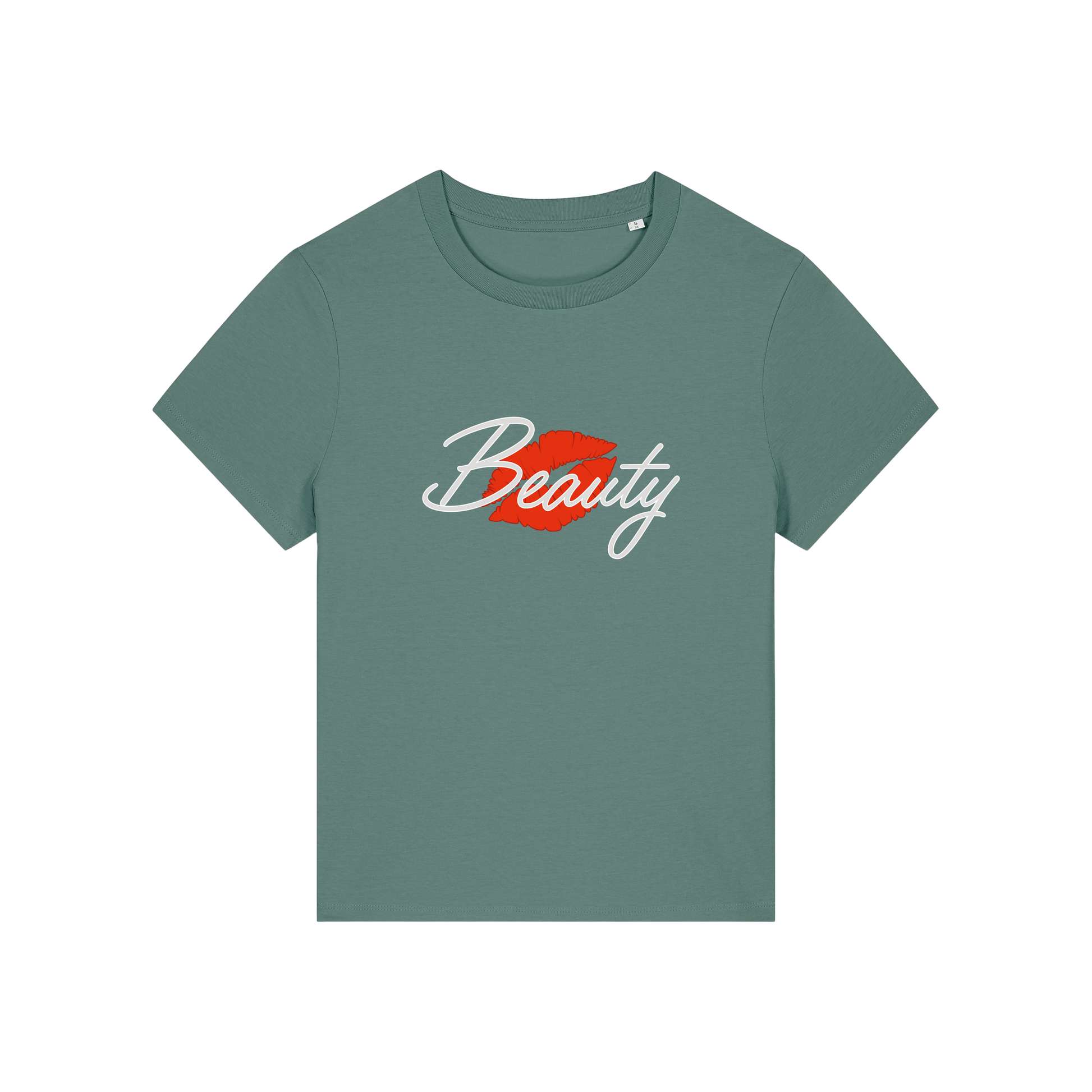 green matching t-shirt with 'Beauty' and red lips design 
