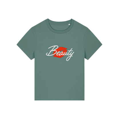 green matching t-shirt with 'Beauty' and red lips design 
