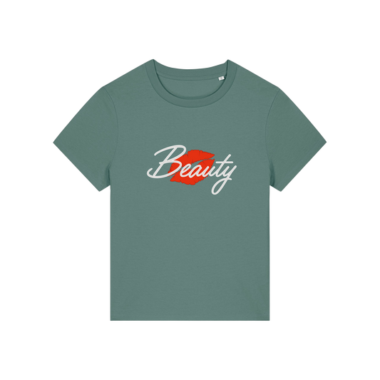 green matching t-shirt with 'Beauty' and red lips design 