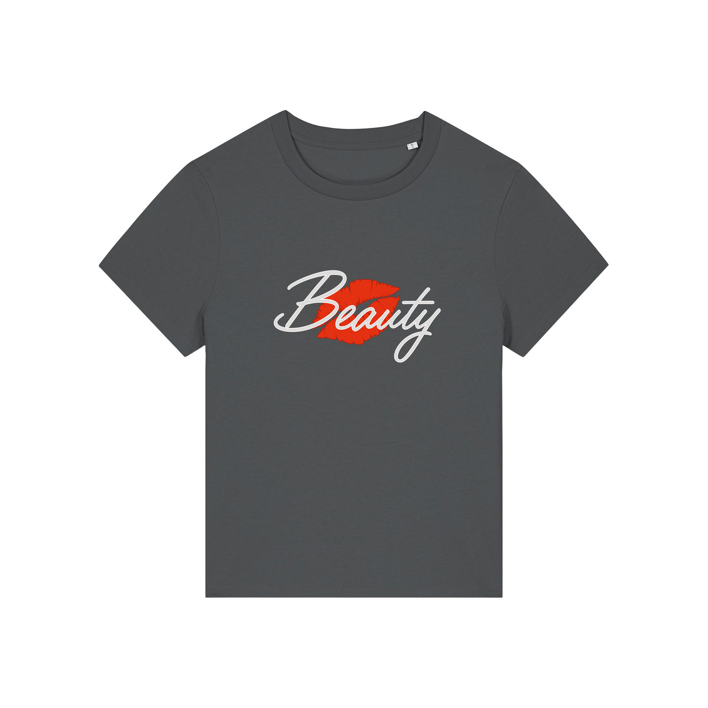 grey matching t-shirt with 'Beauty' and red lips design 