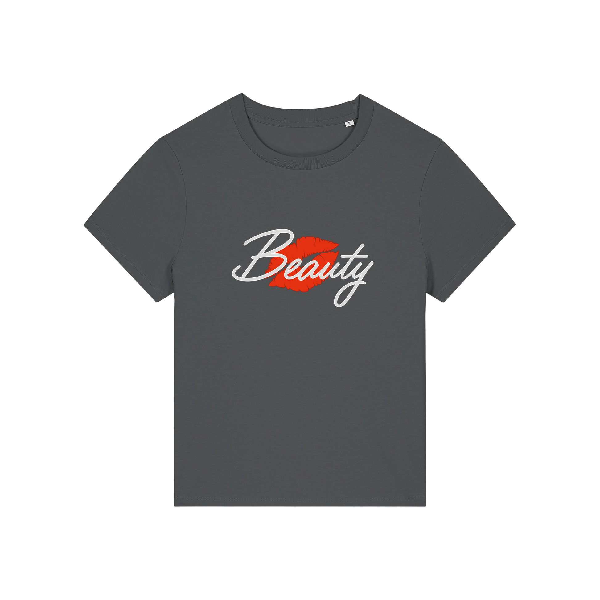grey matching t-shirt with 'Beauty' and red lips design 
