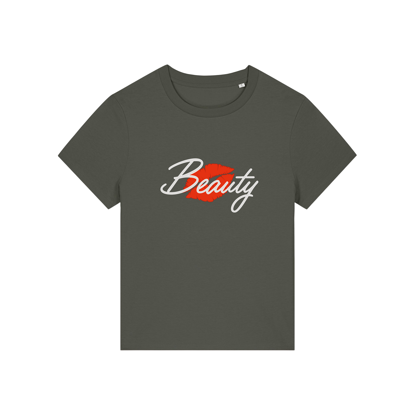 khaki matching t-shirt with 'Beauty' and red lips design 