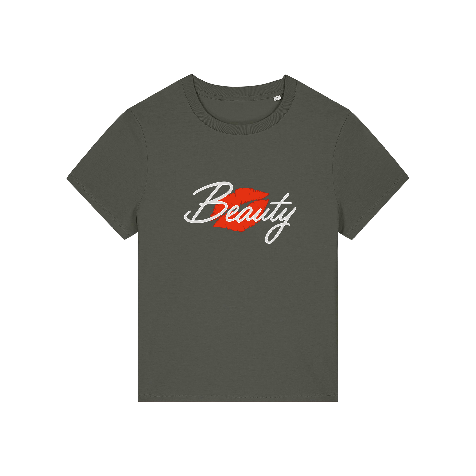khaki matching t-shirt with 'Beauty' and red lips design 