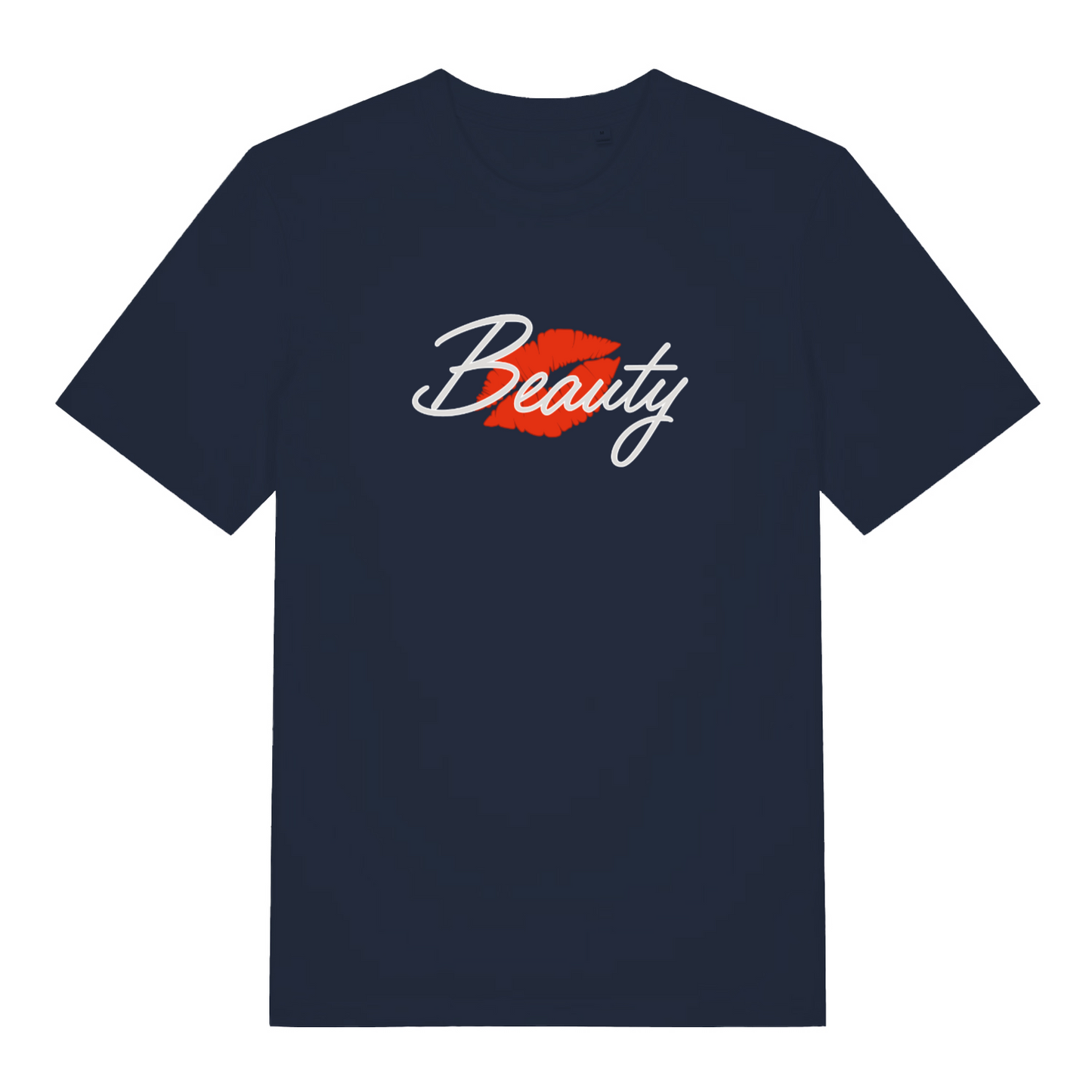 navy matching t-shirt with the graphic of red lips and the word 'beauty'