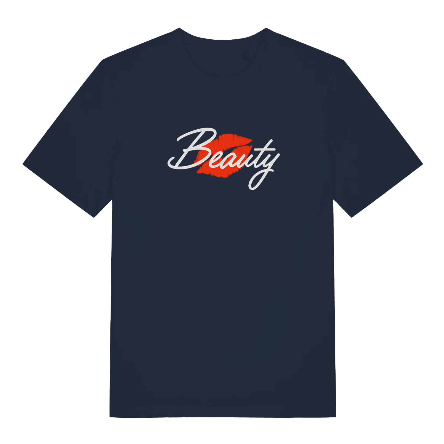 navy matching t-shirt with the graphic of red lips and the word 'beauty'