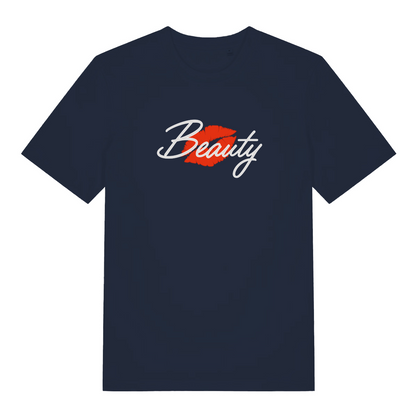 navy matching t-shirt with the graphic of red lips and the word 'beauty'