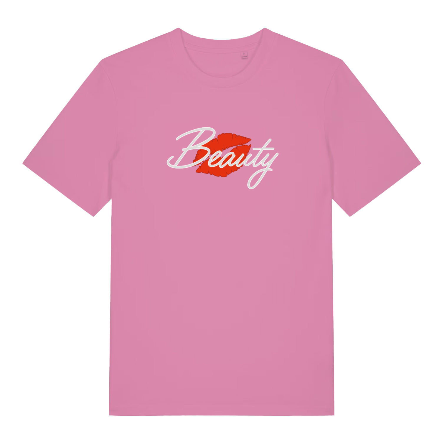 pink matching t-shirt with the graphic of red lips and the word 'beauty'