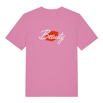 pink matching t-shirt with the graphic of red lips and the word 'beauty'