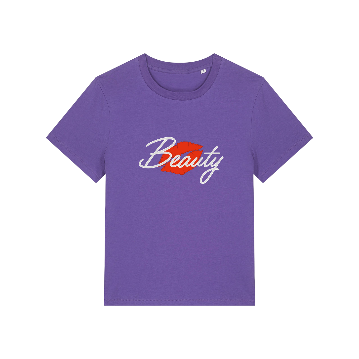 purple matching t-shirt with 'Beauty' and red lips design 