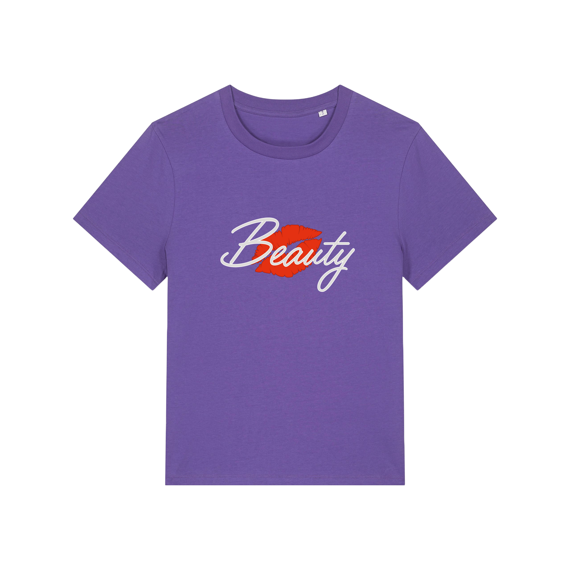 purple matching t-shirt with 'Beauty' and red lips design 