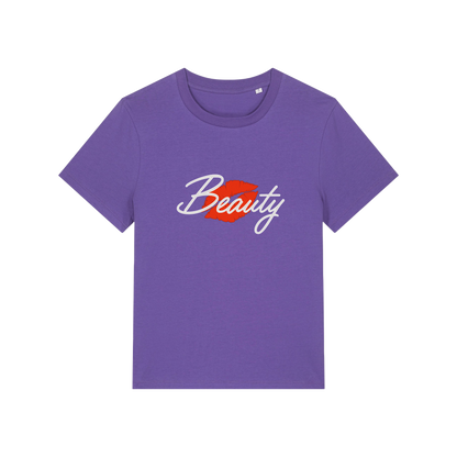 purple matching t-shirt with 'Beauty' and red lips design 