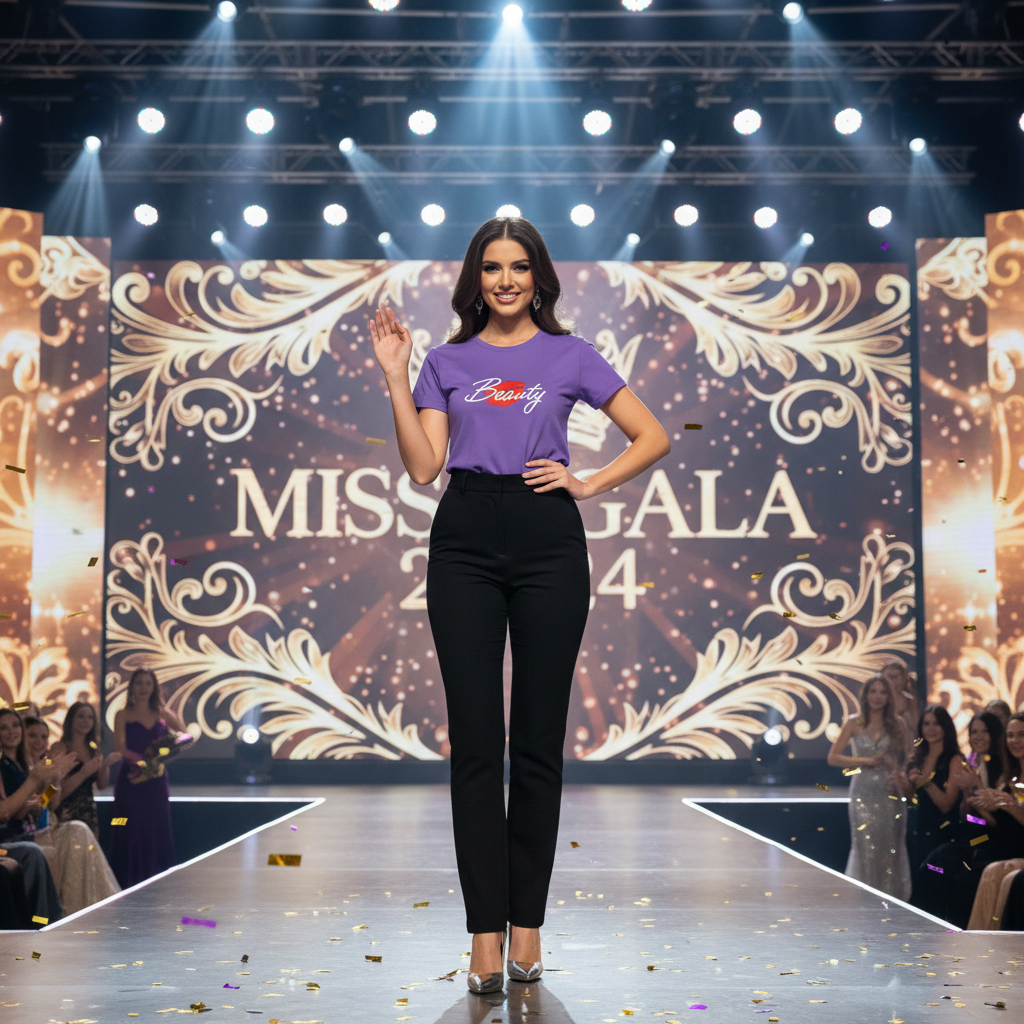 Woman on a stage at the Miss Gala 2024 event, wearing a purple shirt with 'Beauty' text.