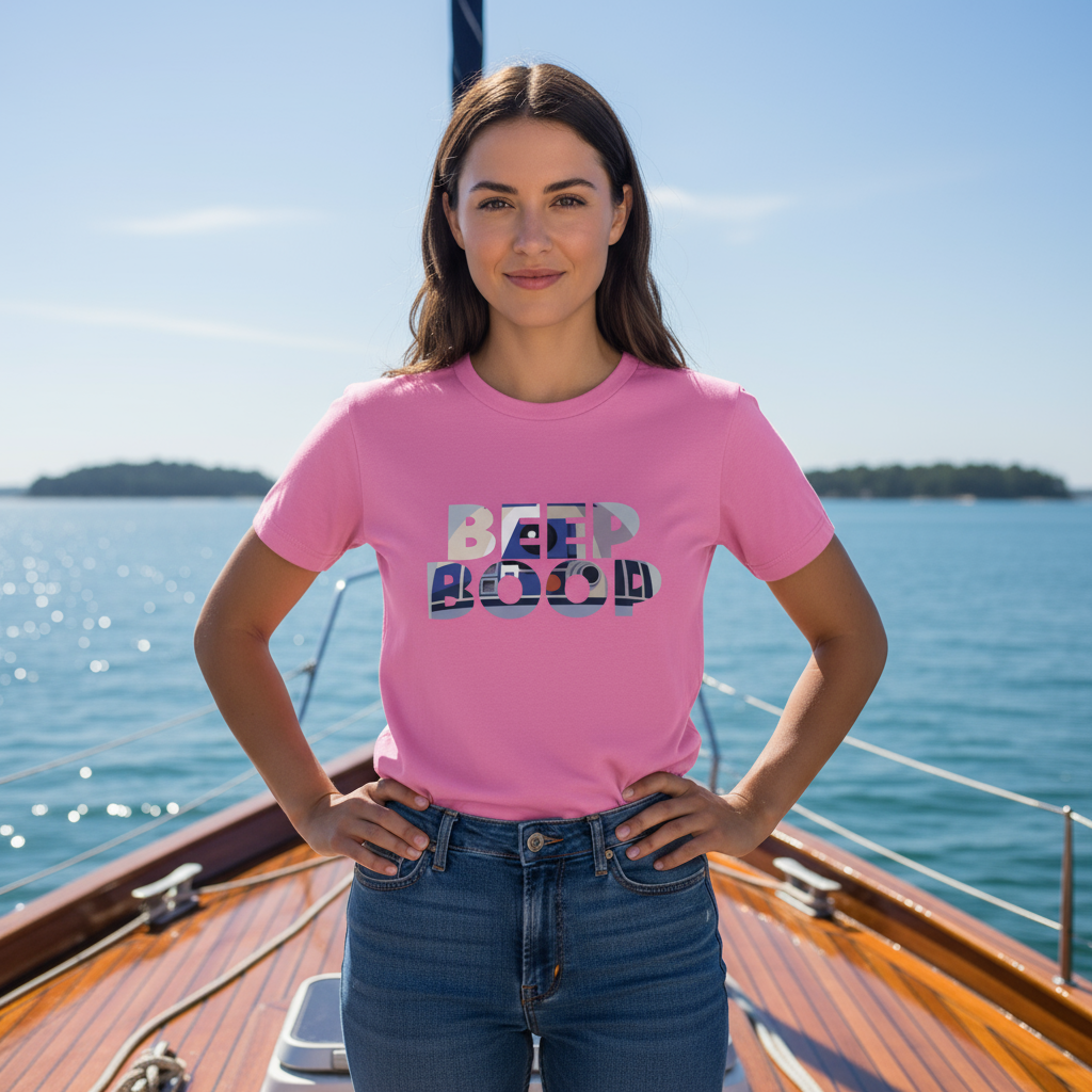 Woman wearing a pink t-shirt with 'BEEP BOOP' text on a boat with water and sky in the background