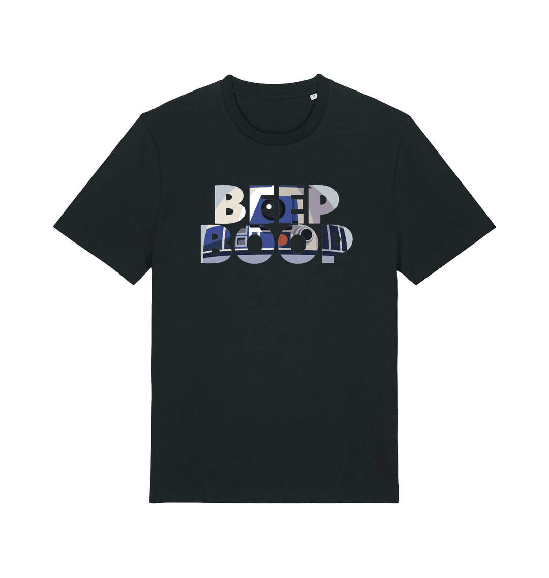 black film inspired t-shirt featuring the text 'beep boop'
