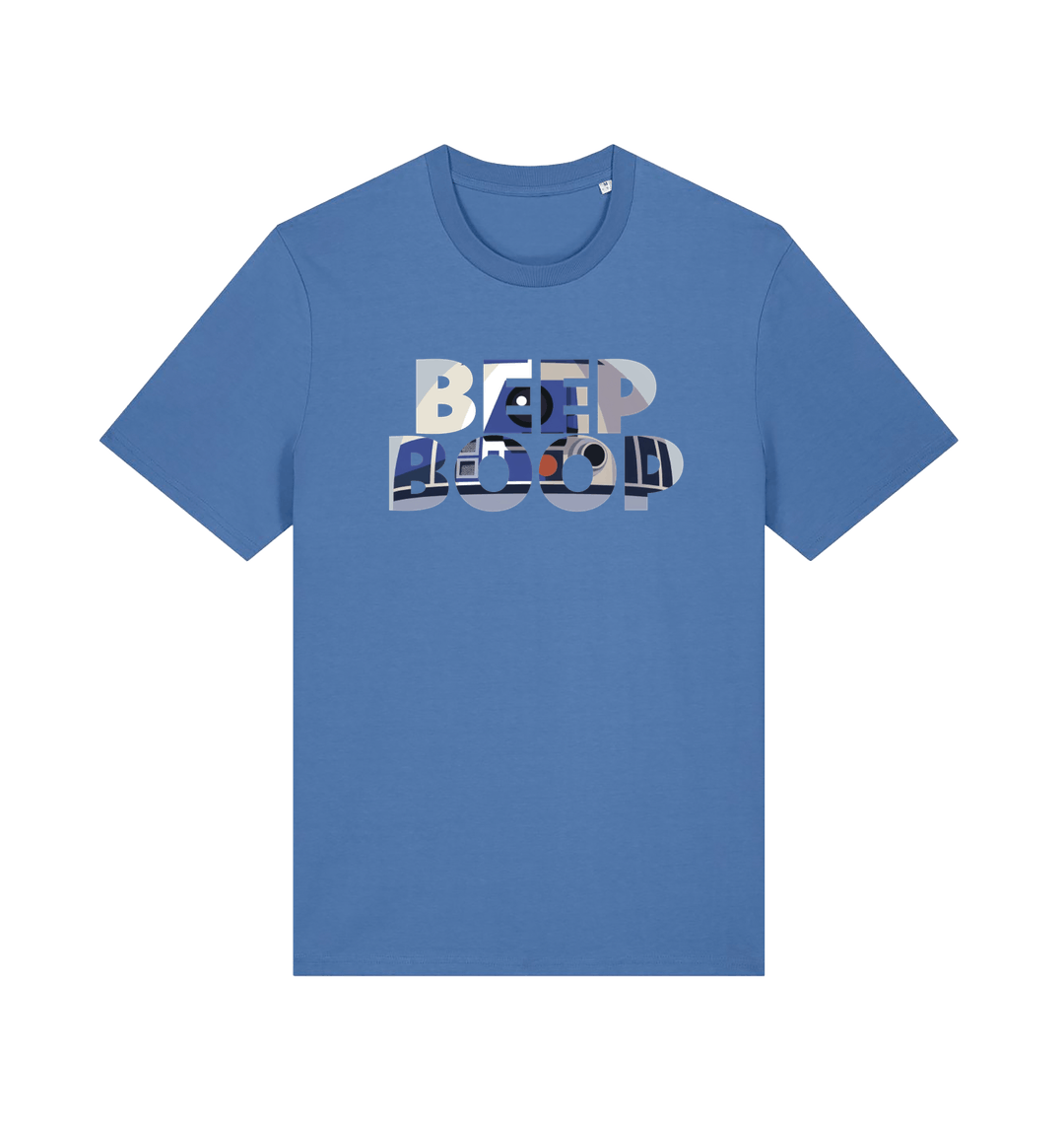 blue film inspired t-shirt featuring the text 'beep boop'