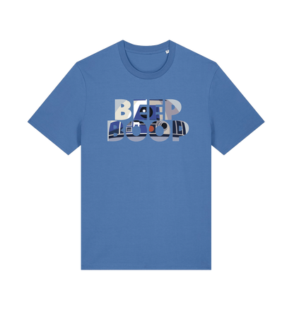 blue film inspired t-shirt featuring the text 'beep boop'