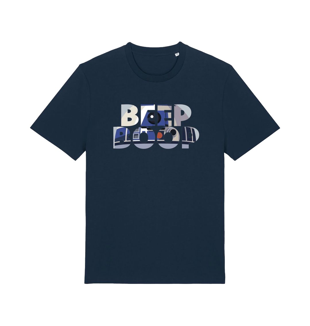 navy film inspired t-shirt featuring the text 'beep boop'