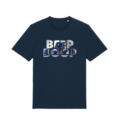 navy film inspired t-shirt featuring the text 'beep boop'