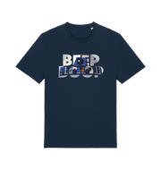 navy film inspired t-shirt featuring the text 'beep boop'