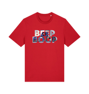 red film inspired t-shirt featuring the text 'beep boop'