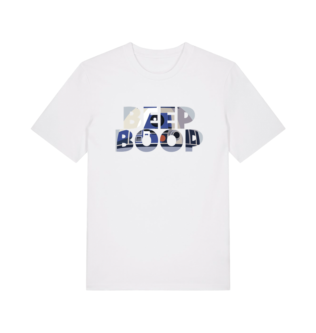 white film inspired t-shirt featuring the text 'beep boop'