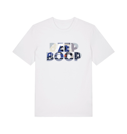 white film inspired t-shirt featuring the text 'beep boop'