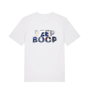 white film inspired t-shirt featuring the text 'beep boop'