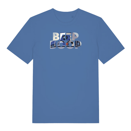 blue movie t-shirt with a graphic of R2 inside the words 'beep boop'