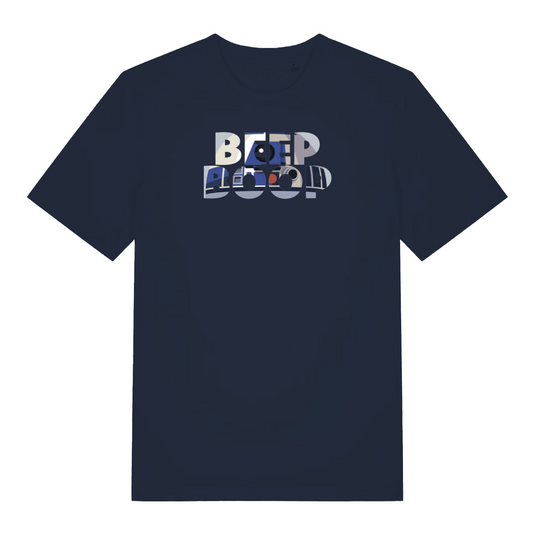 navy movie t-shirt with a graphic of R2 inside the words 'beep boop'