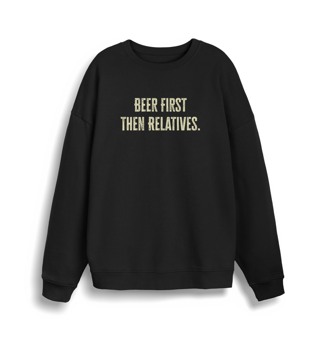 black christmas slogan sweater with 'beer first then relatives'