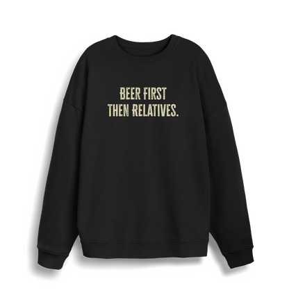 black christmas slogan sweater with 'beer first then relatives'