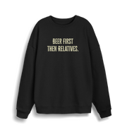 black christmas slogan sweater with 'beer first then relatives'