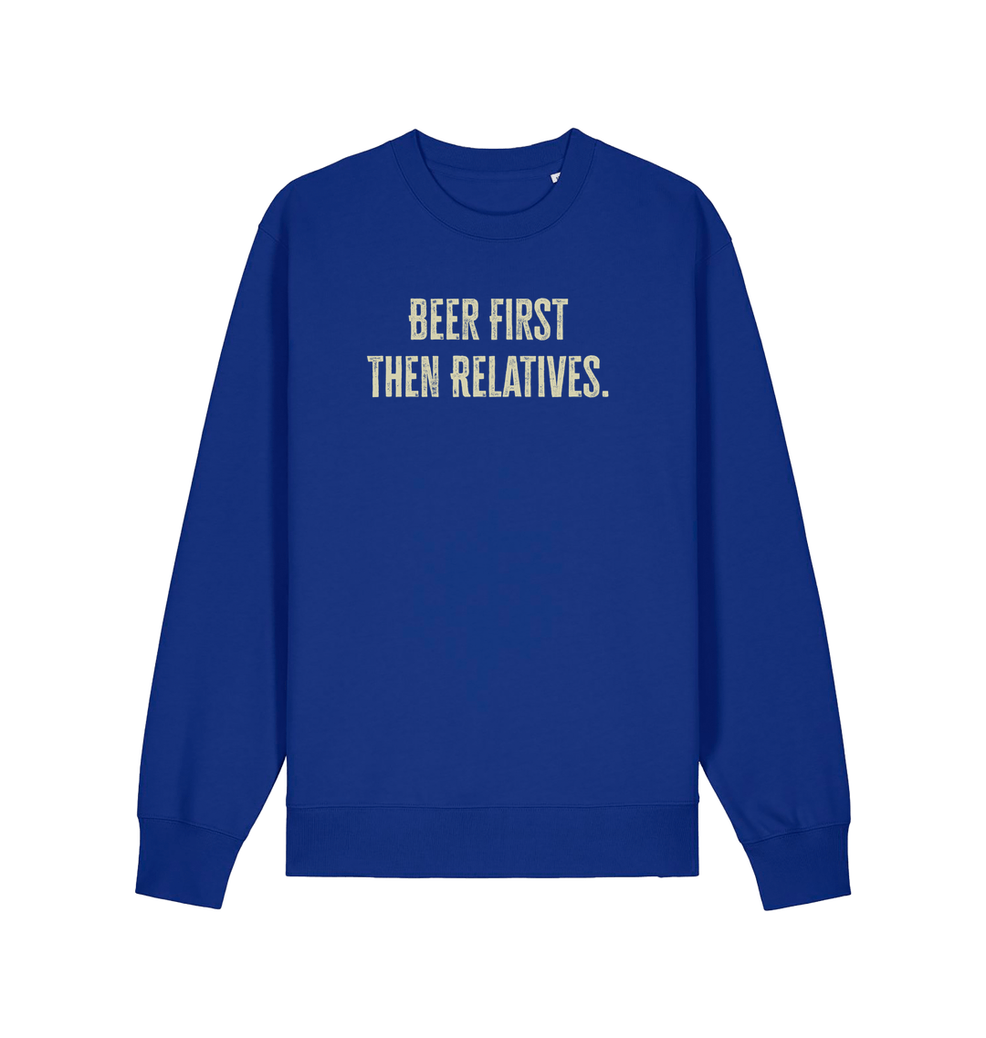 blue christmas slogan sweater with 'beer first then relatives'