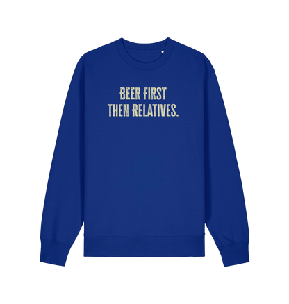 blue christmas slogan sweater with 'beer first then relatives'