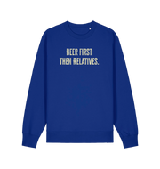 blue christmas slogan sweater with 'beer first then relatives'