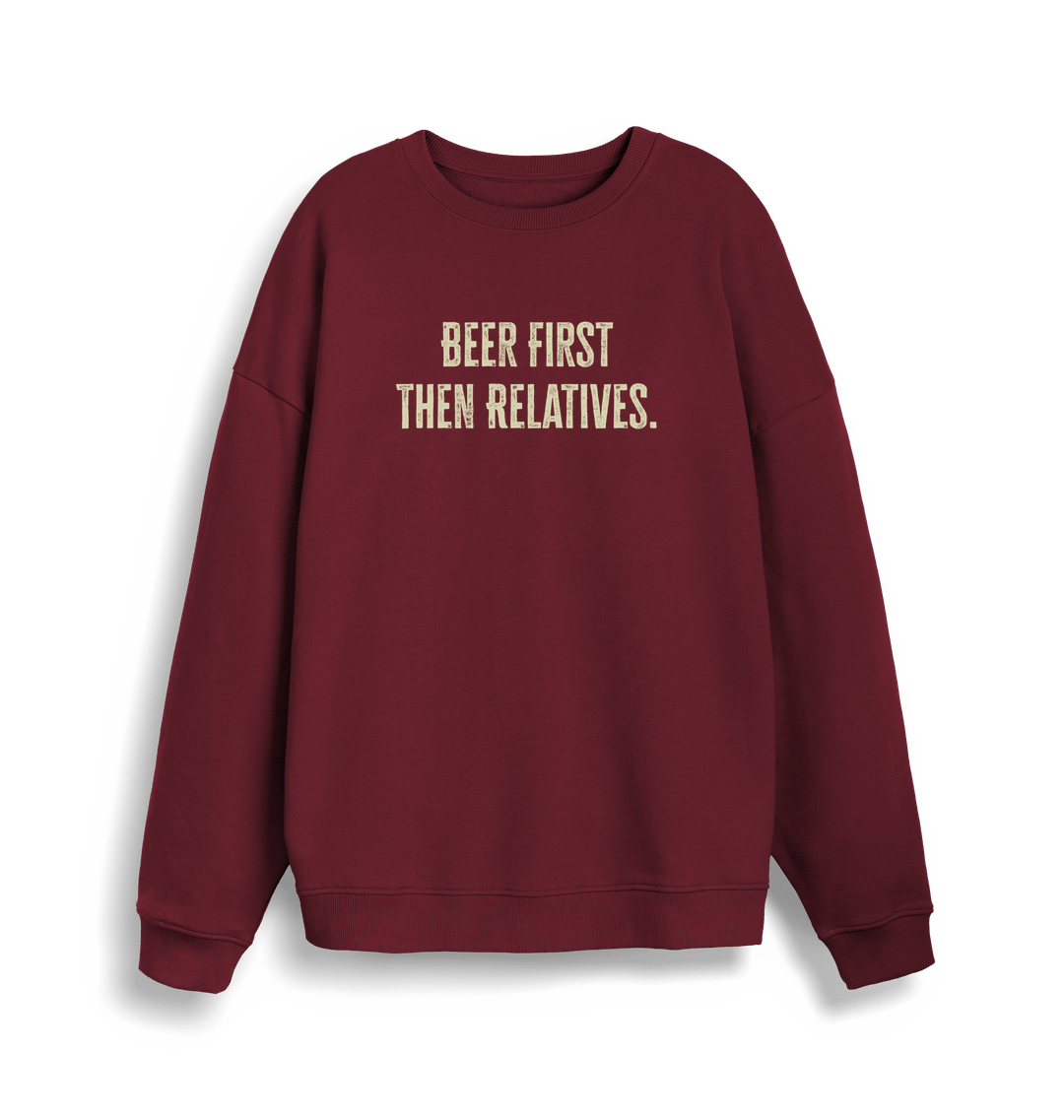 burgundy christmas slogan sweater with 'beer first then relatives'