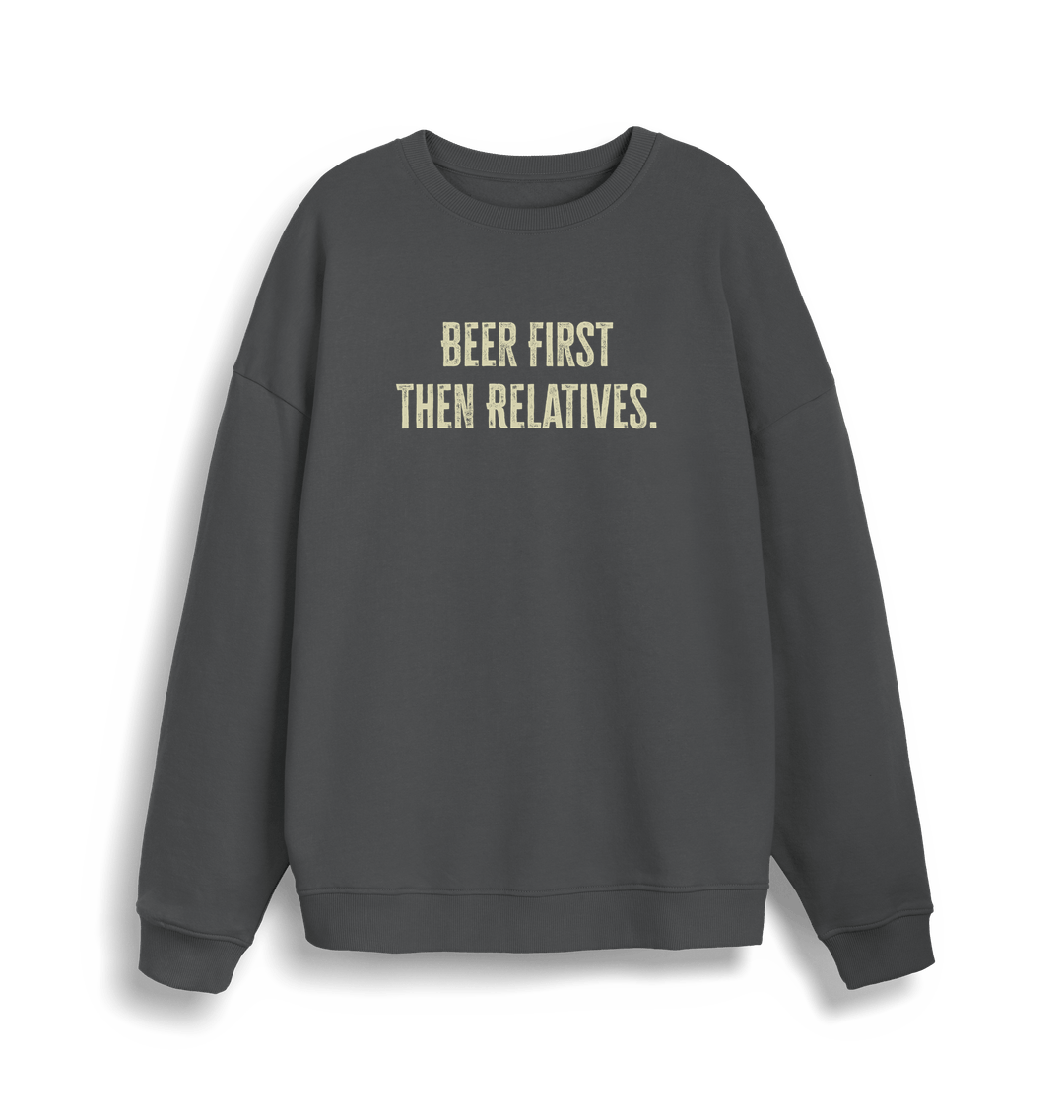 grey christmas slogan sweater with 'beer first then relatives'