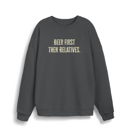 grey christmas slogan sweater with 'beer first then relatives'