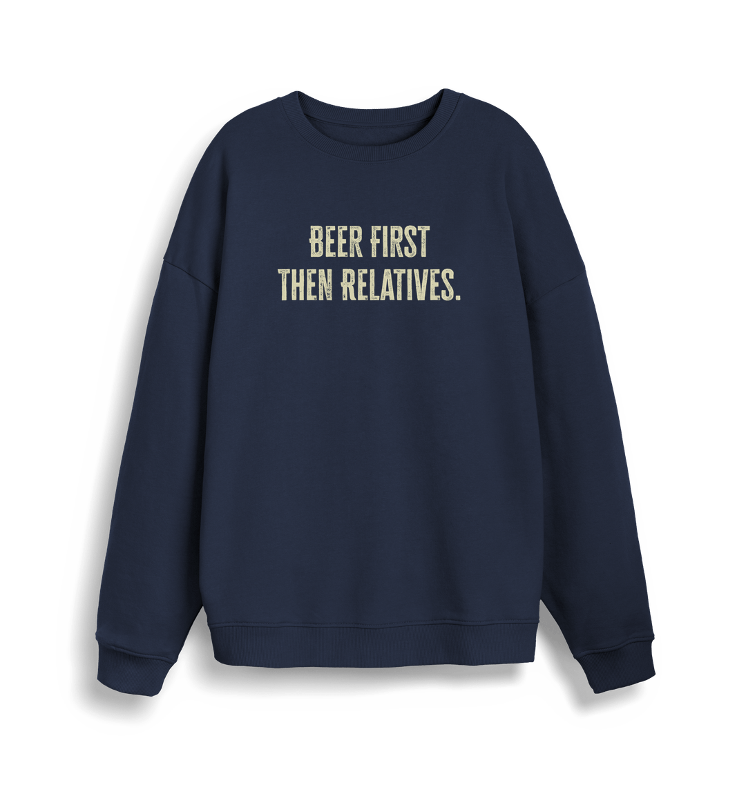 navy christmas slogan sweater with 'beer first then relatives'