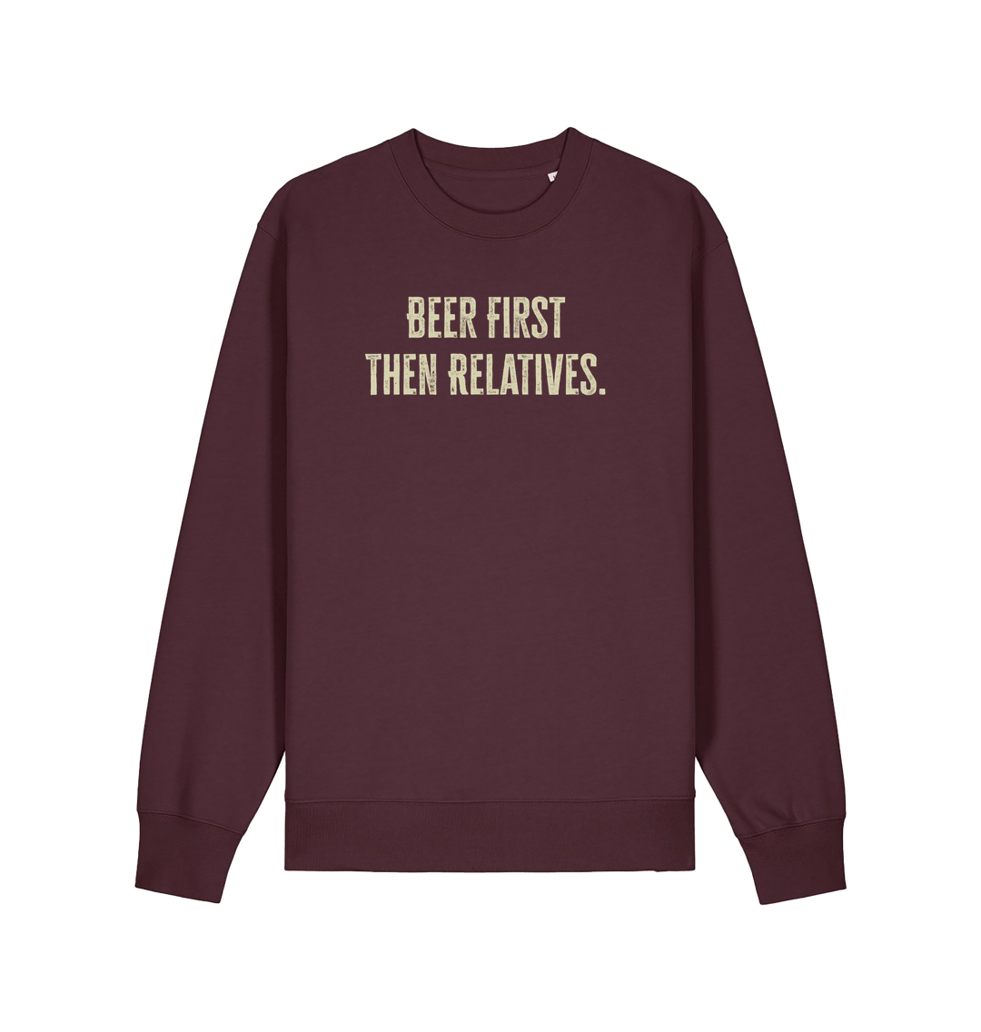 red brown christmas slogan sweater with 'beer first then relatives'