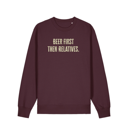 red brown christmas slogan sweater with 'beer first then relatives'
