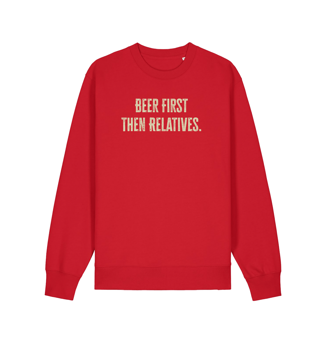 red christmas slogan sweater with 'beer first then relatives'