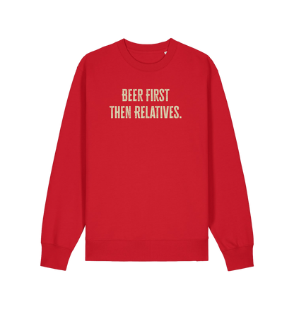red christmas slogan sweater with 'beer first then relatives'